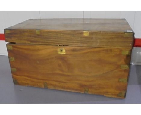 Large C19th Camphor Wood Trunk, interior fitted with tray & candle box, exterior with brass straps & corners, brass lifting h