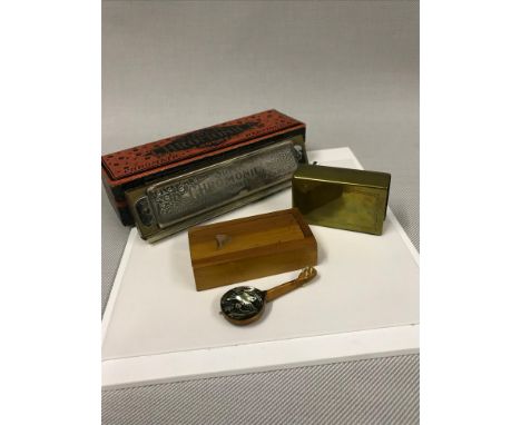 Trench art 1916 Somme Brass shell made into a match box holder, Super Hohner Harmonica & Inlaid small banjo with wooden box 