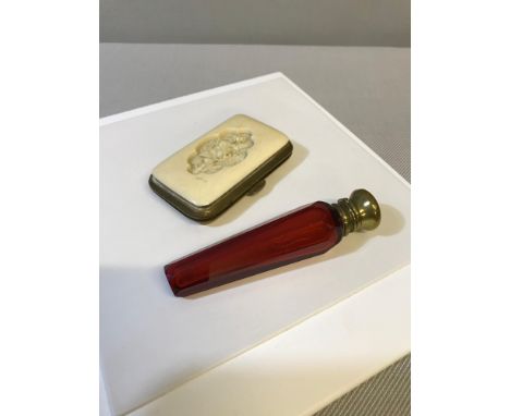 Victorian Ruby glass perfume bottle with brass top, Together with a Victorian ladies purse. 