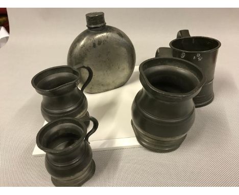 Antique military pewter flask, Together with 4 Antique pewter Half pints, Half Gills stamped with VR Marking. 