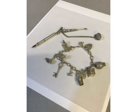 Birmingham silver charm bracelet full of charms together with Birmingham silver and agate button hook & 2 other silver items 