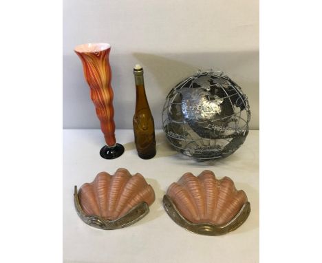 A mixed lot to include a pair of art deco shell wall lights, an art deco vase, a brown monkey bottle & a metal globe shade 