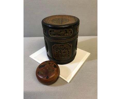 Oriental bamboo wood tea caddy with carved panels and signature to the base together with a lacquered trinket box 