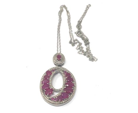 silver ruby &amp; diamond set pendant necklace pendant measures approx 3.7cm drop by 2.4cm 