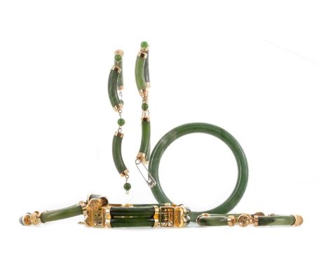 COLLECTION OF GREEN HARDSTONE JEWELLERY comprising bangle, three bracelets and a necklace, with gilt mounts