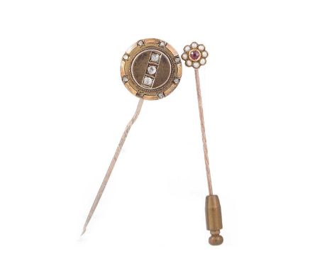 TWO STICK PINS AND A BAR BROOCH one stick pin set with old cut diamonds, the other in the form of a flower, along with a Vict