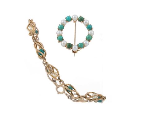 TURQUOISE AND PEARL BRACELET ALONG WITH A SIMILAR BROOCH the bracelet unmarked, brooch in nine carat goldQty: 2