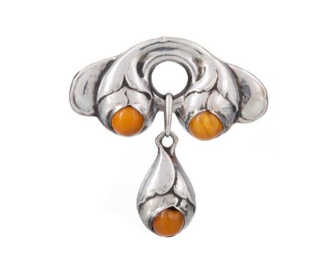 DANISH SILVER AND AMBER BROOCH the central section set with cabochon amber sections, with central suspended amber set drop, w