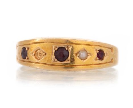 VICTORIAN GARNET AND PEARL RING in eighteen carat gold, shank misshapenQty: 2g