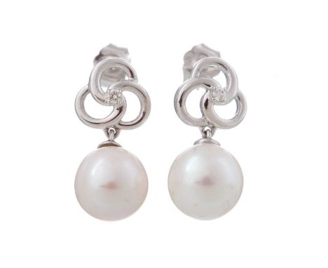 PAIR OF PEARL AND DIAMOND EARRINGS the spherical pearls suspended from an openwork diamond set post, in nine carat white gold