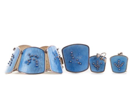 KNUT A. RASMUSSEN NORWEGIAN SILVER ENAMEL SET with light blue enamel, comprising bracelet, brooch and a pair of earringsWell 