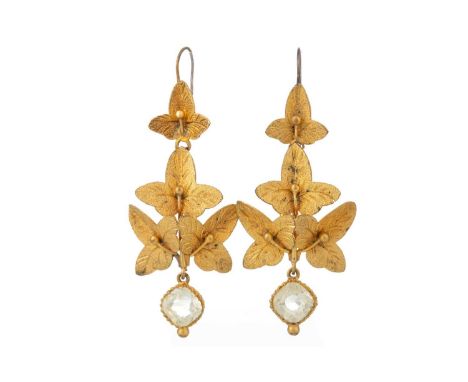 PAIR OF QUARTZ DROP EARRINGS formed by leaves suspended from a hook fitting, with faceted quartz drop, with foreign marks to 