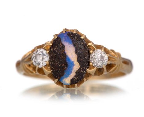 UNUSUAL OPAL AND DIAMOND RING ALONG WITH A BAR BROOCH the cabochon opal flanked by old mine cut diamonds, in eighteen carat g