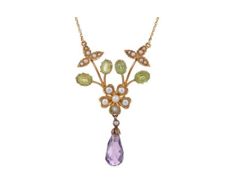 EDWARDIAN  PERIDOT, PEARL AND AMETHYST 'SUFFRAGETTE' NECKLACE set with central pearl flower with briolette amethyst drop and 