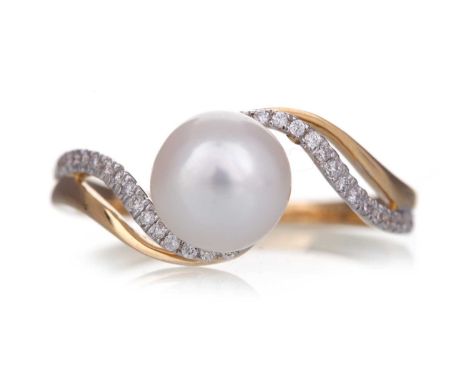 PEARL AND DIAMOND RING the central pearl to a diamond twist setting, the diamonds totalling approximately 0.15 carats, marked
