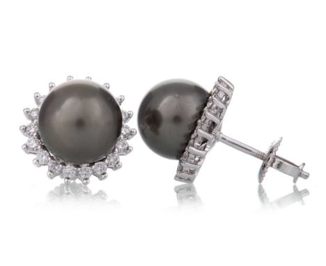 PAIR OF TAHITIAN PEARL AND DIAMOND EARRINGS with screwback fittings, marked PT950Lightly worn. Grey tint to the diamonds. 