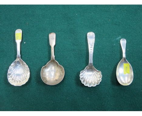 THREE EARLY HALLMARKED SILVER CADDY SPOONS AND ANOTHER HALLMARKED SILVER CADDY SPOON