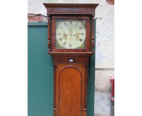 OAK CASED LONGCASE CLOCK WITH HANDPAINTED AND ENAMELLED DIAL 