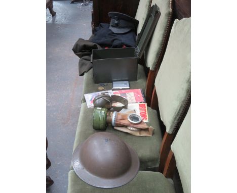 MIXED LOT OF MILITARIA INCLUDING PART UNIFORMS, MEDALS, EPHEMERA, GAS MASK, HELMET AND SWORD, ETC. 