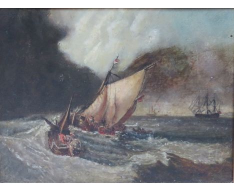 GILT FRAMED UNSIGNED OIL ON BOARD DEPICTING A BUSY SEASCAPE SCENE, APPROXIMATELY 22cm x 21cm 