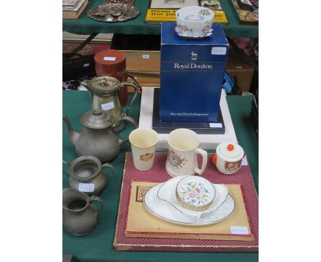 SUNDRY LOT INCLUDING DOULTON FIGURE, BOXED PLATES, LINEN, VARIOUS CERAMICS, PEWTER TEASET, FRAMED PRINT ETC