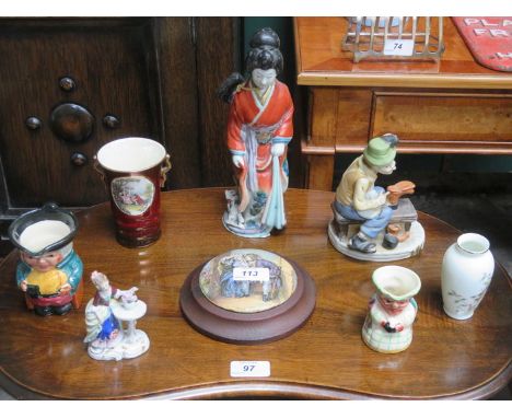 SUNDRY CERAMICS INCLUDING POT LID, JAPANESE FIGURE (AT FAULT) AND CARLTONWARE VASE, ETC. 