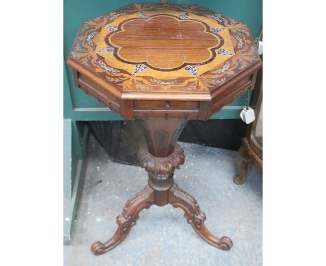 OCTAGONAL MOTHER OF PEARL INLAID SEWING BOX ON CARVED TRIPOD SUPPORTS 