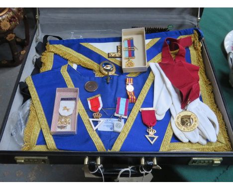 BRIEFCASE CONTAINING MASONIC REGALIA INCLUDING APRON AND SASH, GLOVES AND JEWELS, ETC.