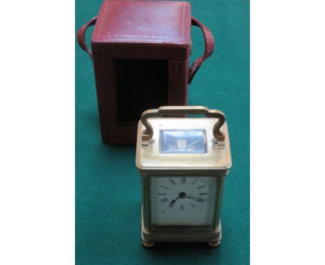 LEATHER CASED BRASS AND GLASS CARRIAGE CLOCK (AT FAULT) 
