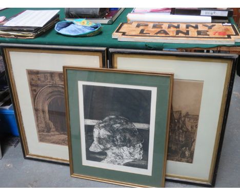 JULIA MIDGLEY LIMITED EDITION PENCIL SIGNED PRINT - OLD HAT ALSO TWO VICTORIAN STYLE MONOCHROME PRINTS