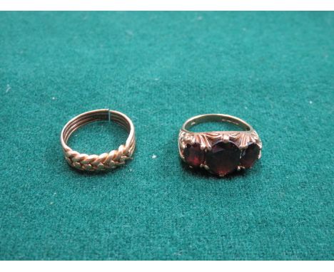 9ct GOLD DRESS RING SET WITH THREE RUBY COLOURED STONES AND ANOTHER 9ct GOLD RING 