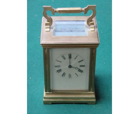 BRASS AND GLASS FRENCH STYLE CARRIAGE CLOCK WITH ENAMELLED DIAL 