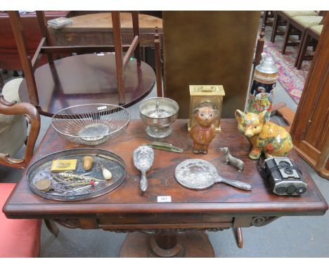 SUNDRY LOT INCLUDING PLATEDWARE, CLOCK, STEIN, CAMERA AND SMALL MAUCHLIN WARE SEWING CASE AND SEWING ACORN, ETC. 