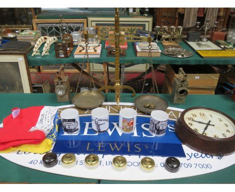 PARCEL OF LEWIS'S MEMORABILIA INCLUDING SIGNS, WEIGHING SCALES, CLOCK, MUGS, CARRIAGE LAMPS, T-SHIRTS ETC