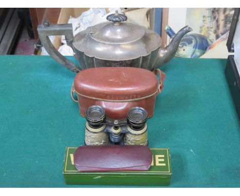SUNDRY LOT INCLUDING PLATED TEAPOT, CAMERA, OPERA GLASSES, DOMINOES, ETC. 