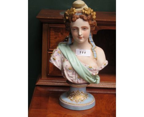 HANDPAINTED AND GILDED UNGLAZED CERAMIC BUST, APPROXIMATELY 29cm HIGH 