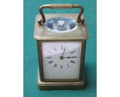 BRASS AND GLASS FRENCH STYLE CARRIAGE CLOCK WITH ENAMELLED DIAL 