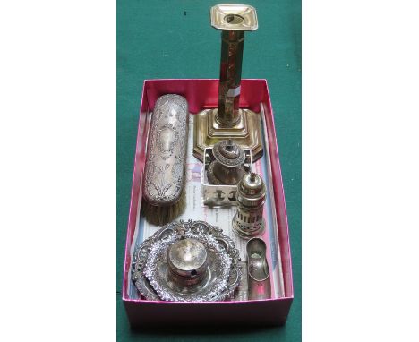 SUNDRY LOT OF HALLMARKED SILVER INCLUDING CANDLESTICK, DISHES, DRESSING BRUSH AND SHAKERS, ETC. 