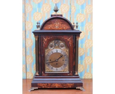 INLAID WOODEN BRACKET CLOCK WITH BRASS WESTMINSTER DIAL, APPROXIMATELY 69cm HIGH 