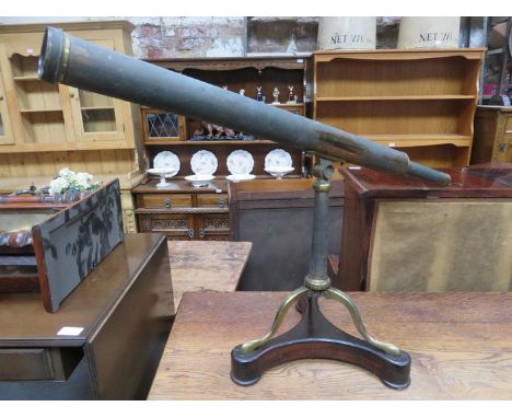ANTIQUE BRASS TELESCOPE ON TRIPOD SUPPORTS, BY THOMAS JONE 