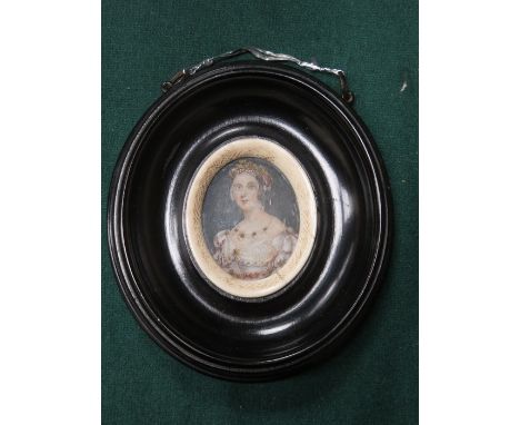 MINIATURE PORTRAIT OF A ROYAL WITHIN EBONISED AND IVORY MOUNTED FRAMED, SEAL STAMP TO BACK