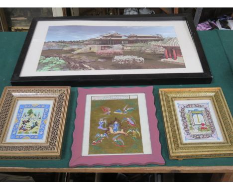 THREE ORIENTAL SMALL PAINTINGS AND PRINT