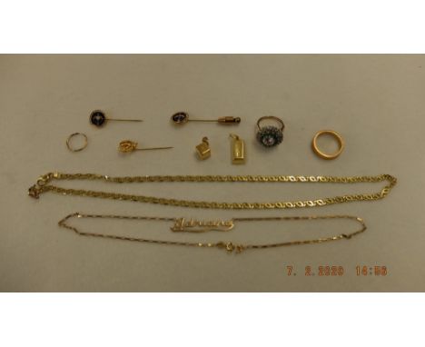 An assortment of yellow gold jewellery including chains and stick pins weight 47 grams