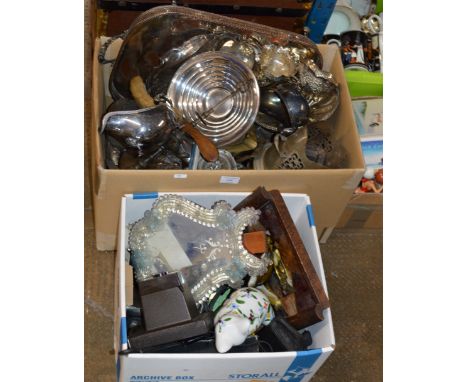 2 BOXES WITH VARIOUS EP WARE, CAT ORNAMENT, CAMERA &amp; GENERAL BRIC-A-BRAC    
