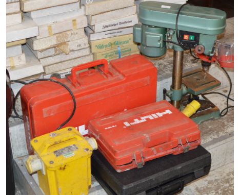 VARIOUS POWER TOOLS, TABLE TOP DRILL, HILTI GUN IN CASE, TRANSFORMER ETC