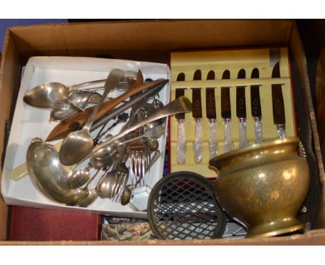 BOX WITH ASSORTED CUTLERY, BRASS PLANTER &amp; GENERAL BRIC-A-BRAC    