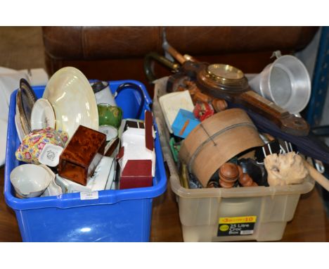 2 BOXES WITH BAROMETER, VARIOUS UMBRELLAS, MIXED CERAMICS, FIGURINE ORNAMENT &amp; GENERAL BRIC-A-BRAC    