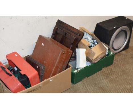 SUBWOOFER &amp; 2 BOXES CONTAINING KITCHEN WARE, TATTOO GUN, LEATHER CASE, CCTV CAMERA ETC    