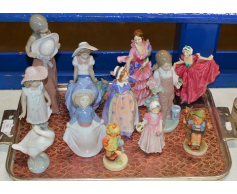 TRAY WITH VARIOUS FIGURINE ORNAMENTS, ROYAL DOULTON, NAO, HUMMEL ETC    