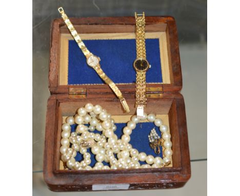 WOODEN JEWELLERY BOX, FAUX PEARL NECKLACE &amp; 2 LADIES WRIST WATCHES    